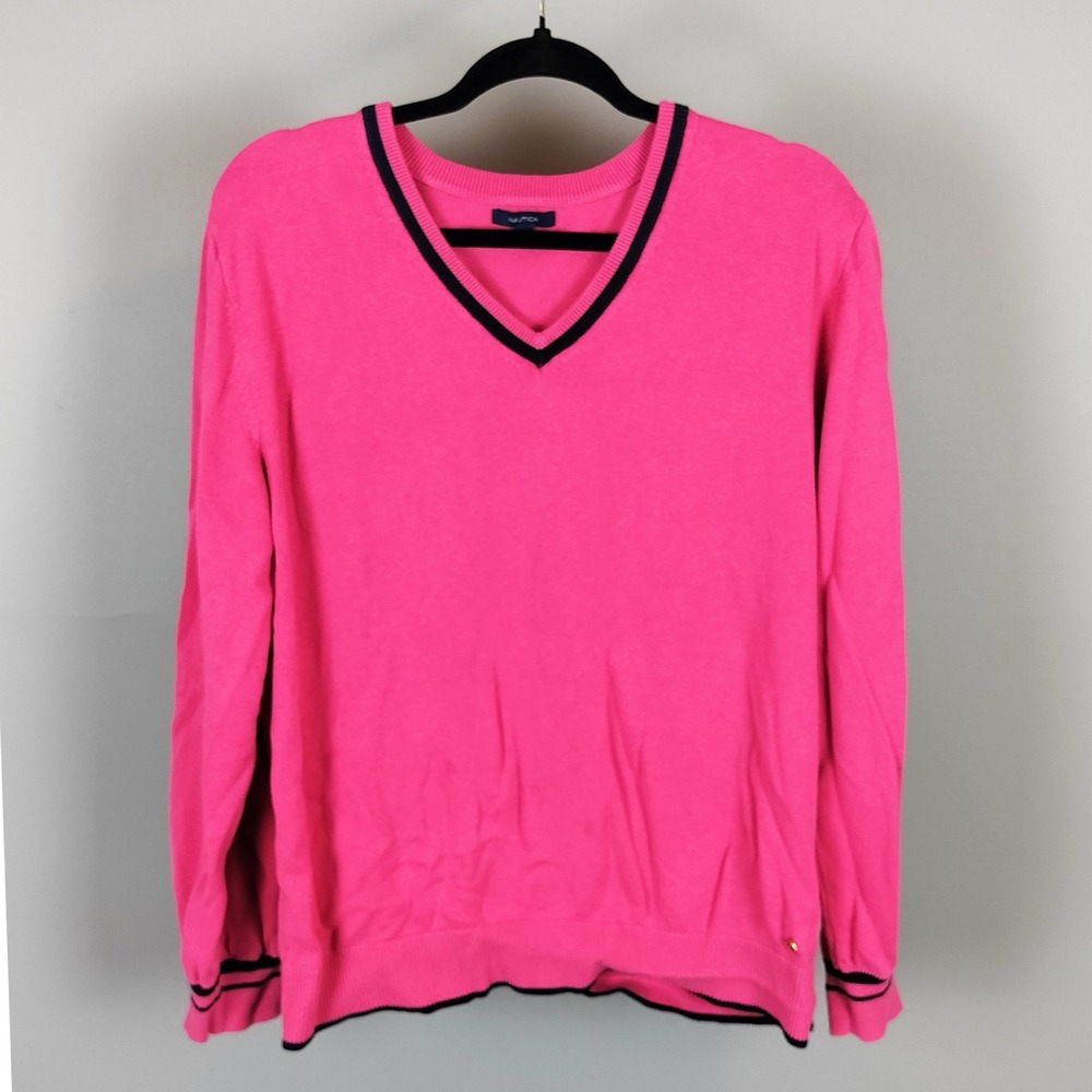Nautica‎ Cotton Y2K V-Neck Sweater Pink Black Tipped Preppy Long Sleeve